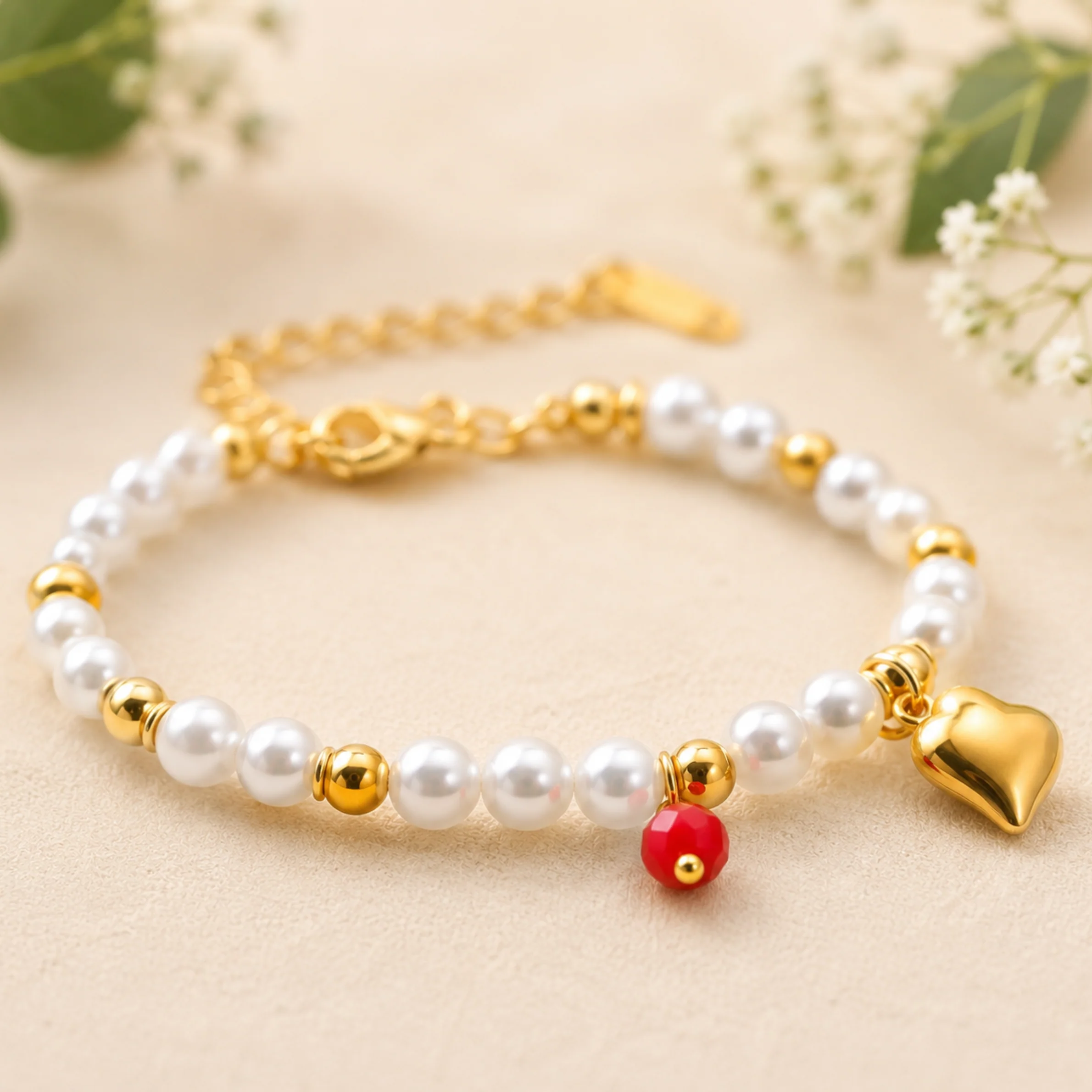 Pearl Bracelet with Gold Heart Charm Bracelet - Image 3