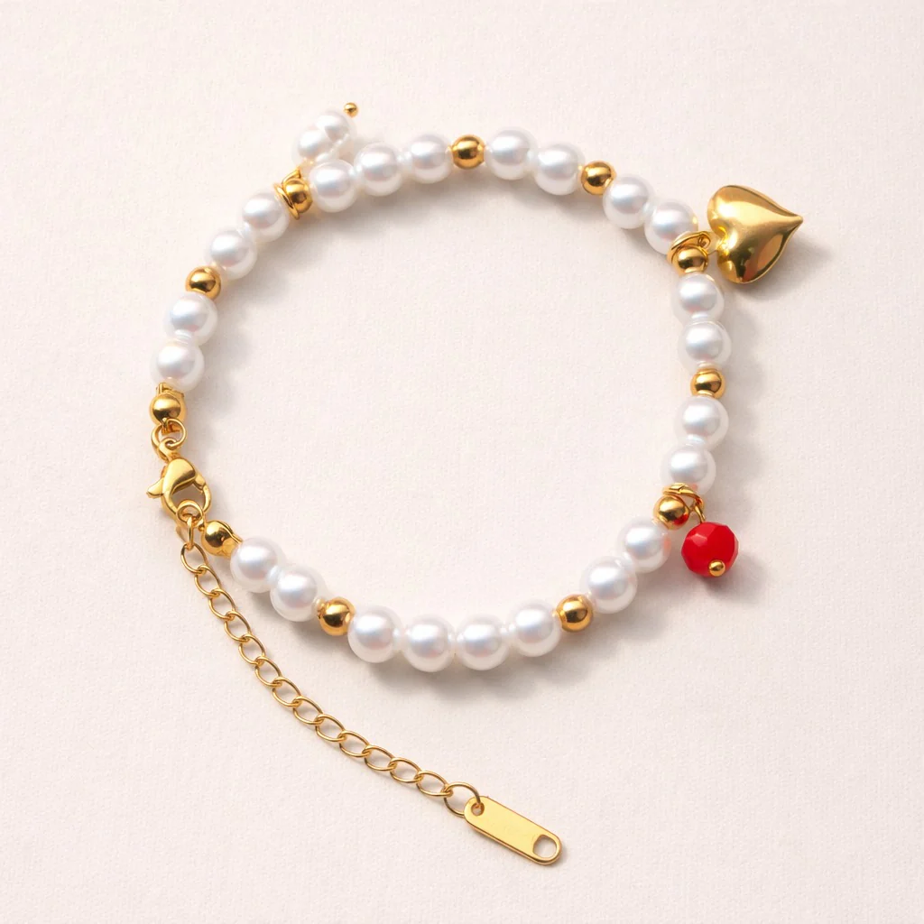Pearl Bracelet with Gold Heart Charm Bracelet - Image 4