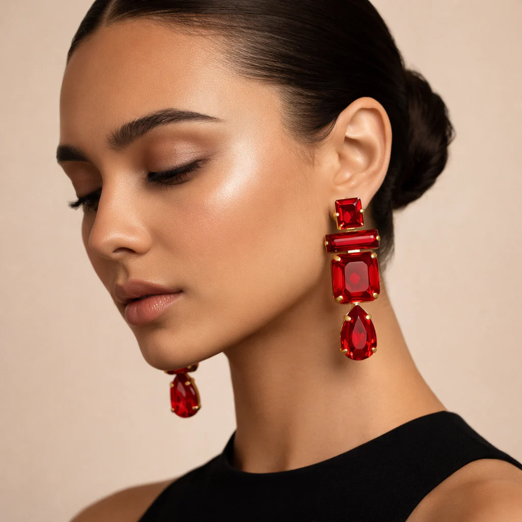 Red Ruby Geometric Earrings - Image 2