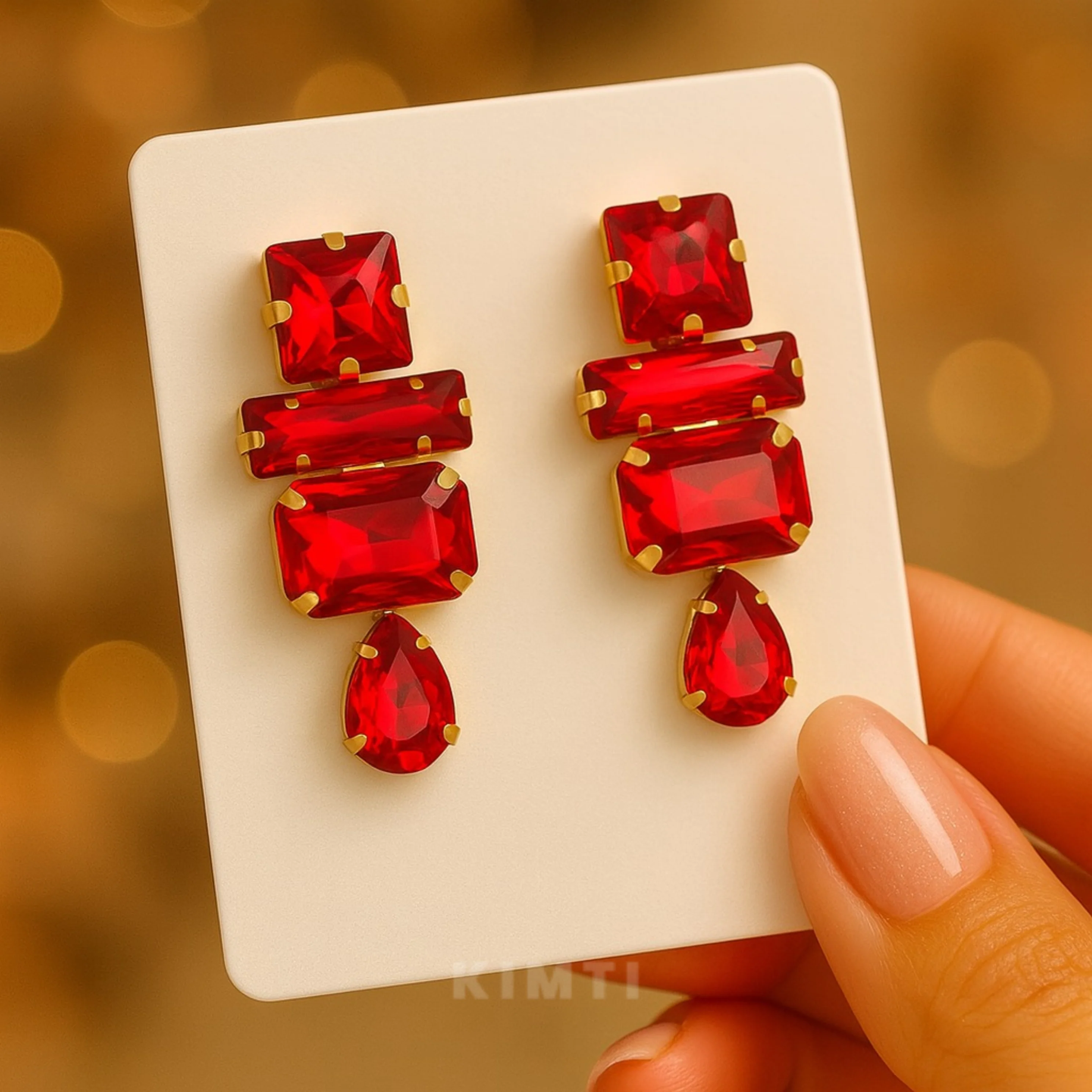Red Ruby Geometric Earrings - Image 3