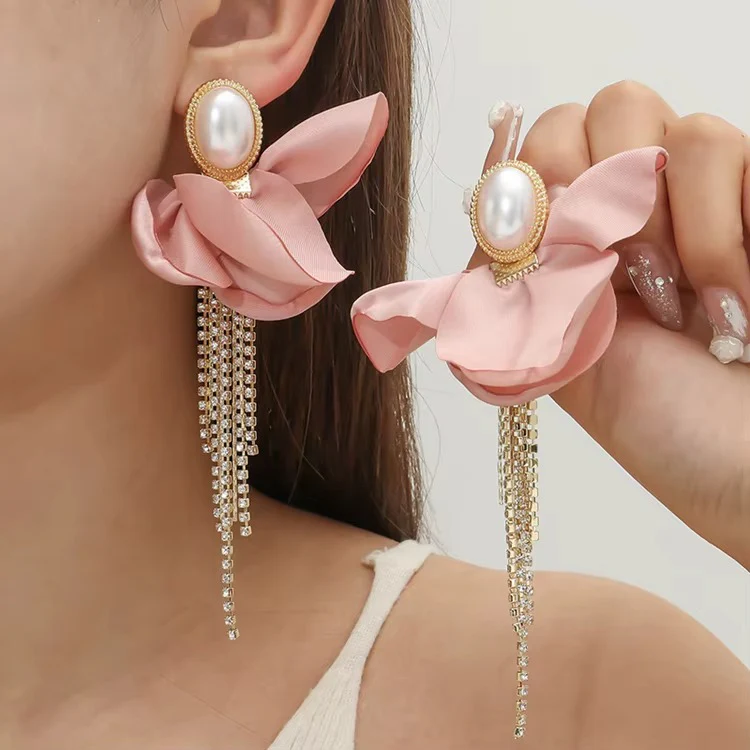 Pink Fabric Flower Crystal Tassel Earrings - Image 2