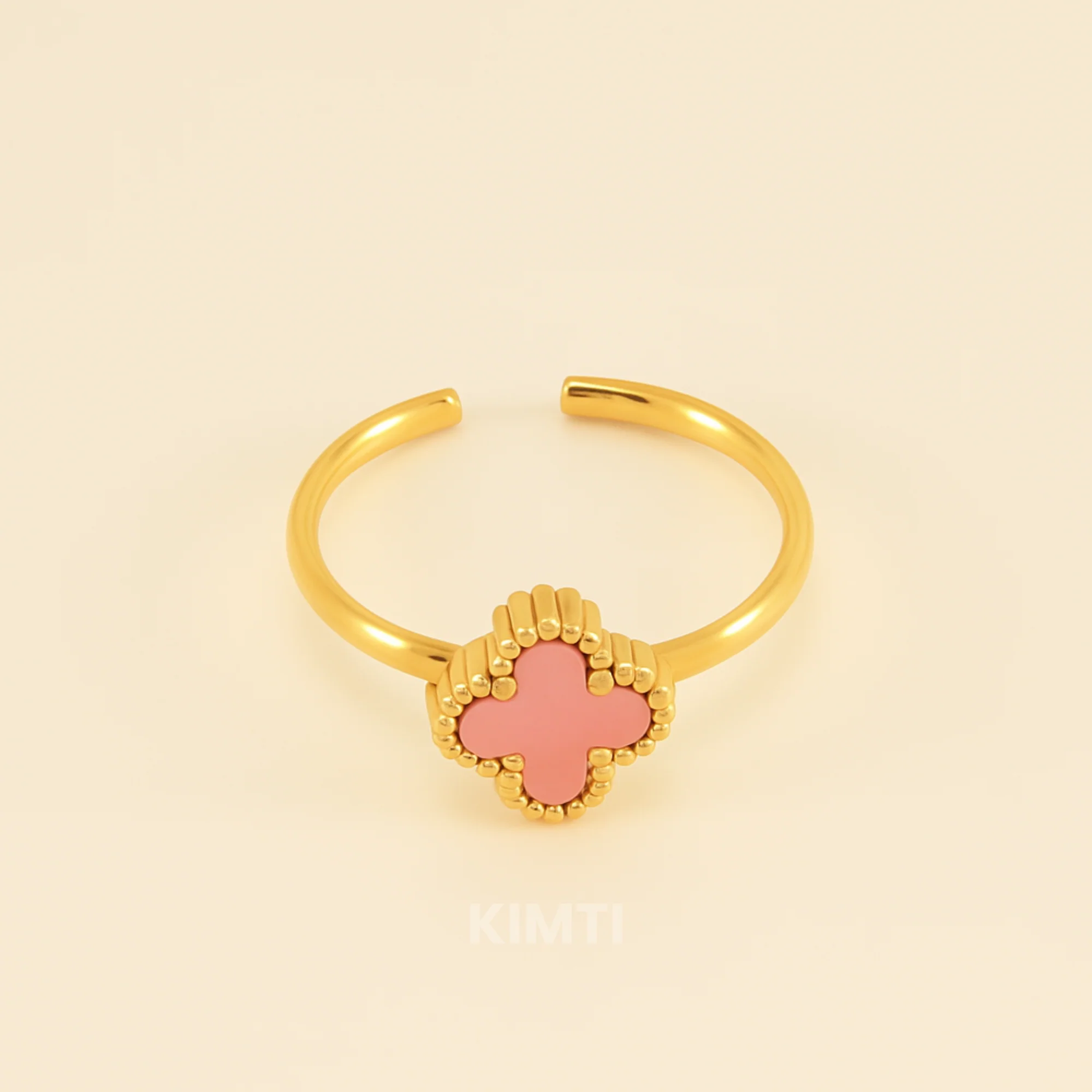 18K Gold Plated  Pink Leaf Clover Charm Ring