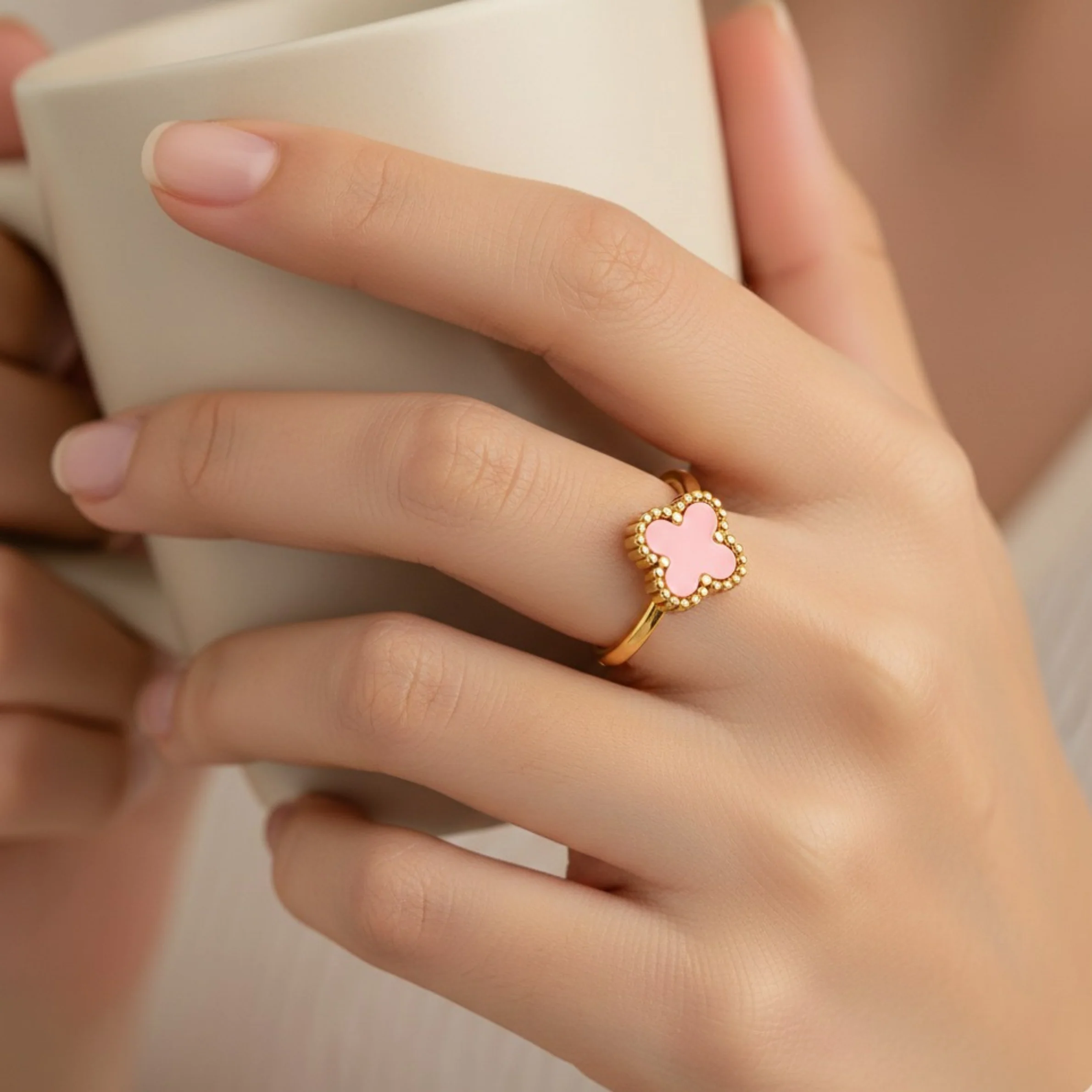 18K Gold Plated  Pink Leaf Clover Charm Ring - Image 2