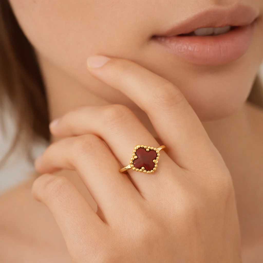 Dark Red Leaf Clover Charm Ring - Image 2