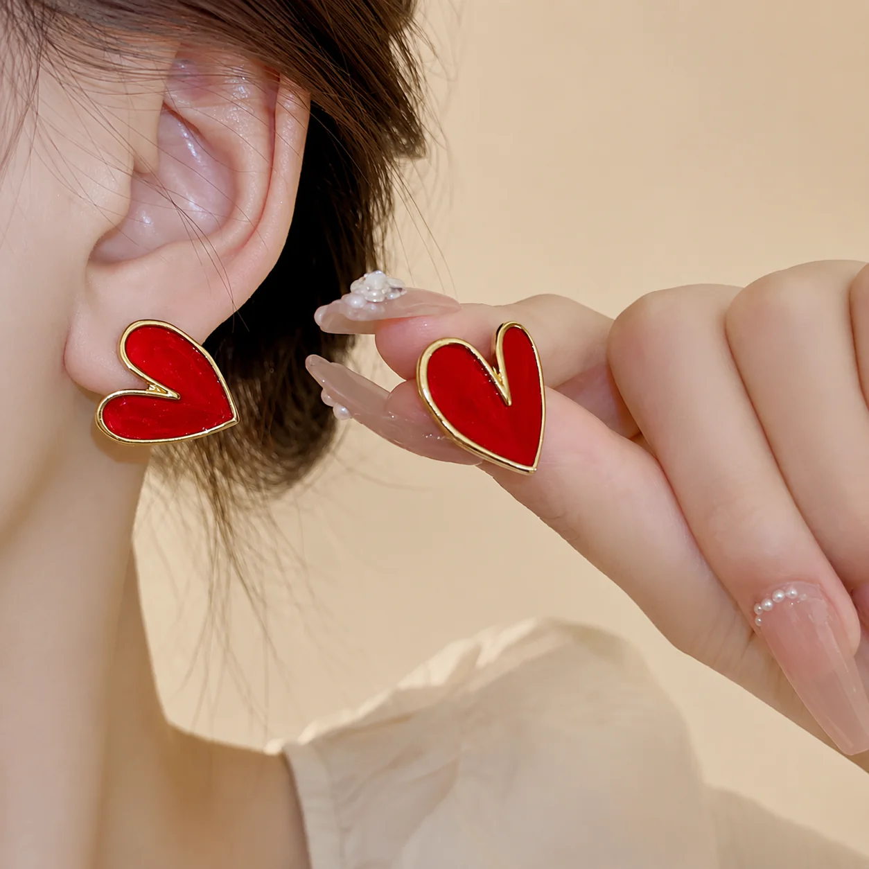 Red Drop Love Heart Shape Stud Earrings - Image 2