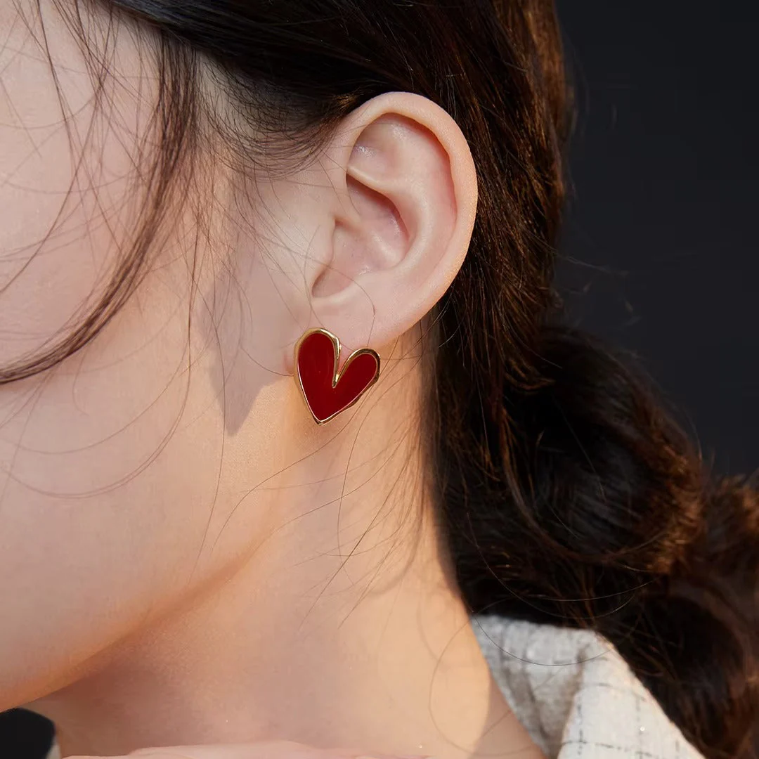 Red Enamel Heart Earrings 3D Folded Studs Earring - Image 2