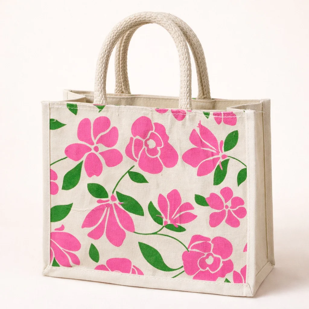 Bright Flower Design Eco-Friendly Jute Tote Bag