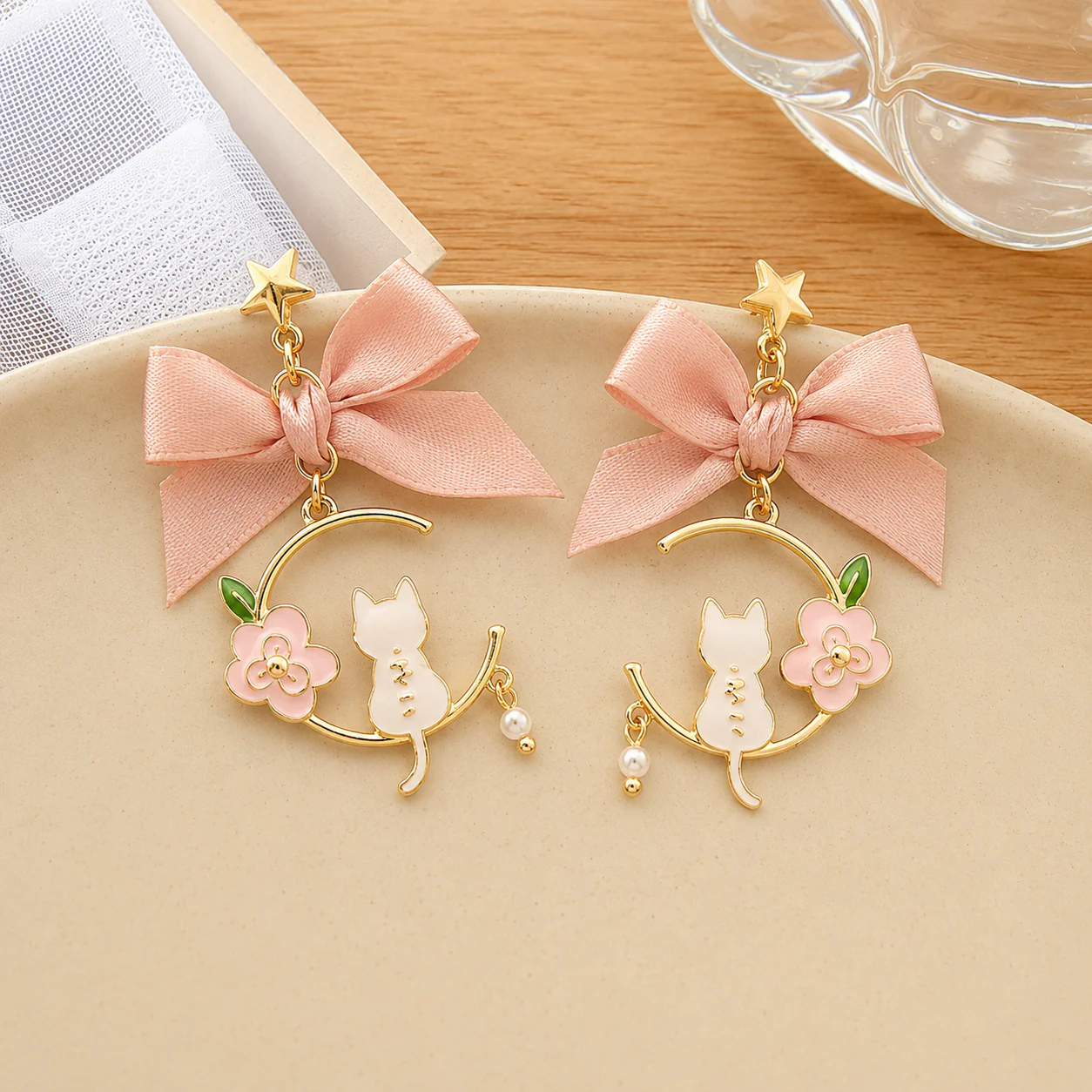 Rosy Cat Charm Earrings