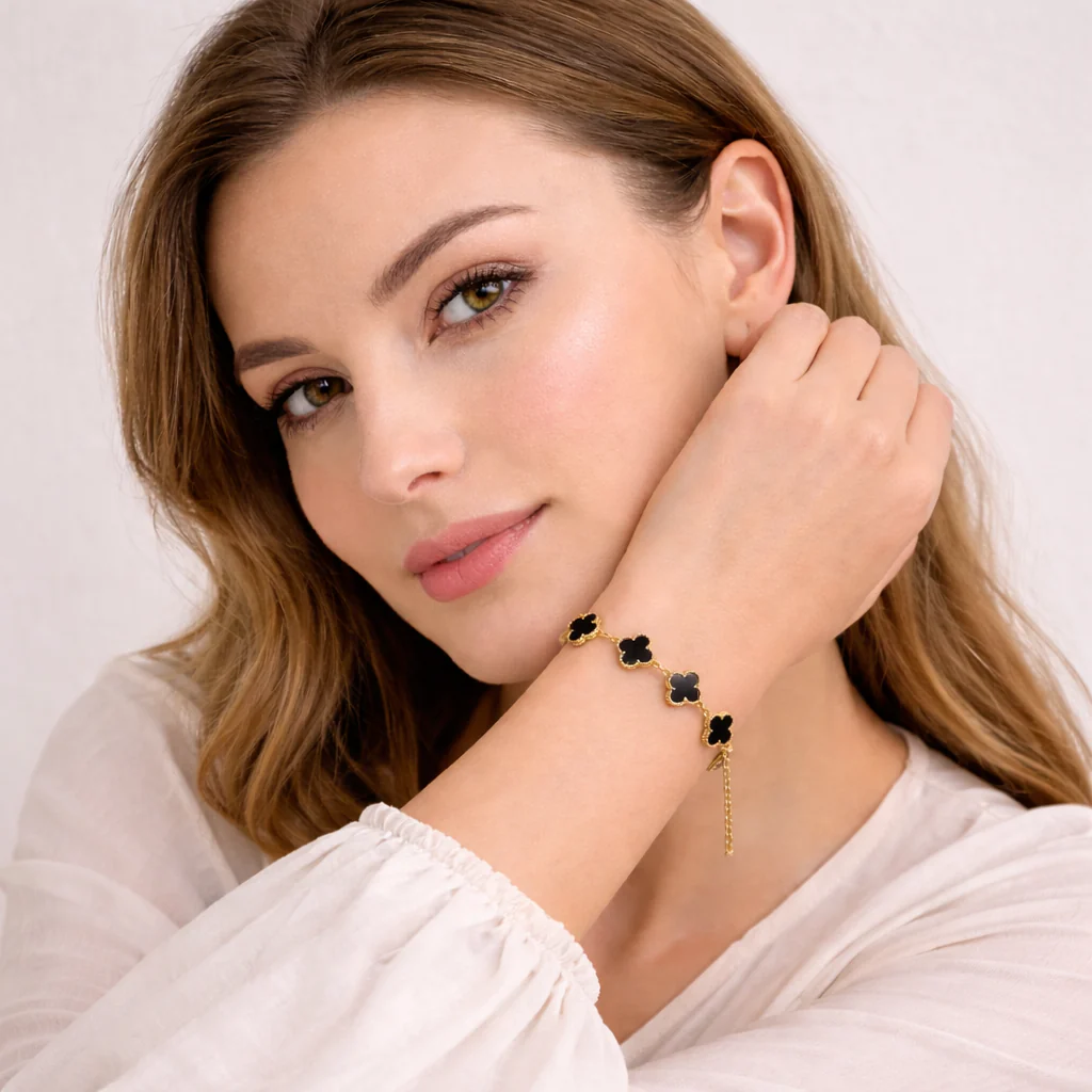 Rs. 149 Anti Tarnish Black Clover Flower Bracelet - Image 2