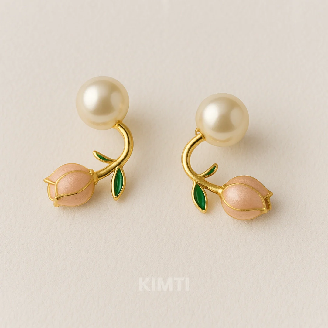 Pink Tulip Pearl Stud Earrings - Image 3