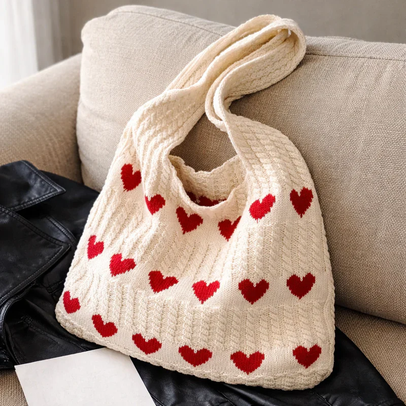 Rs. 699 Cotton Knitted Heart Pattern Tote Bag - Image 5
