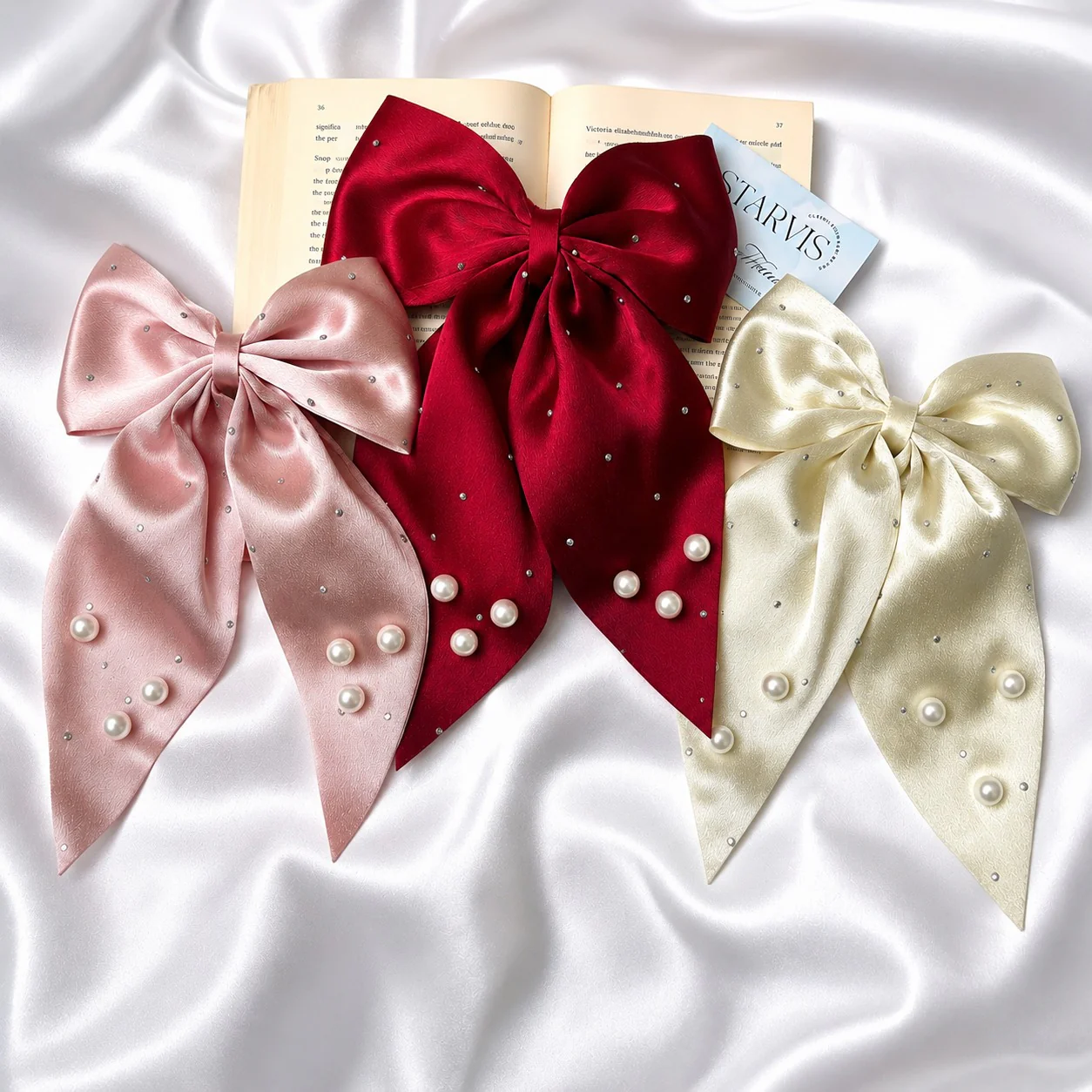 Ruby Pearl Satin Hair Bow Set of 3