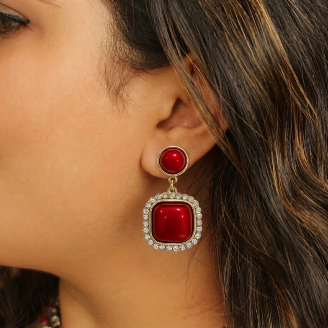 Ruby Pearl Top Stone Drop Earrings - Image 2