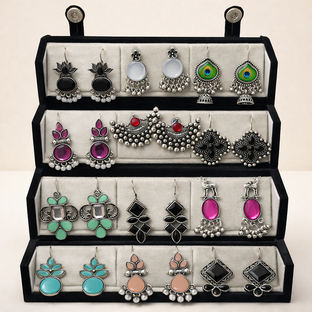 Set of 12 Oxidized Earrings with Black Jewellery Box