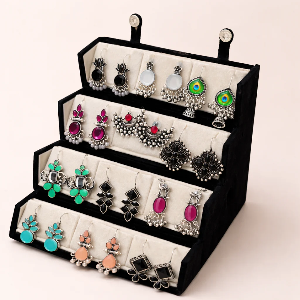 Set of 12 Oxidized Earrings with Black Jewellery Box - Image 2