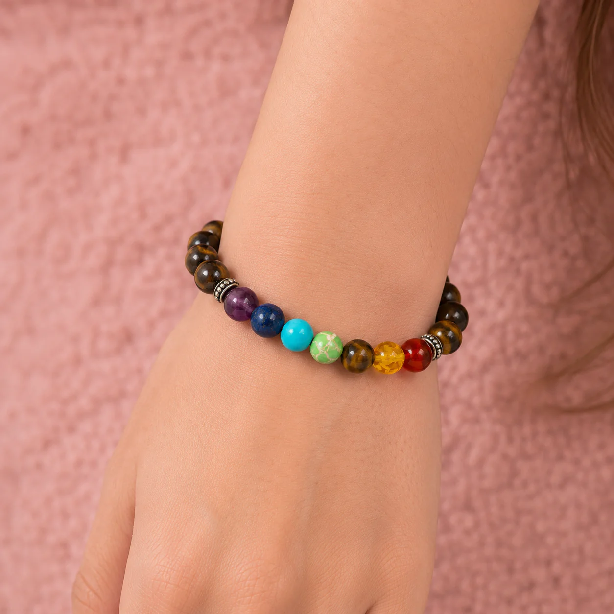 Seven Chakra Energy Stone Bead & Natural Tiger Eye Bracelet - Image 2