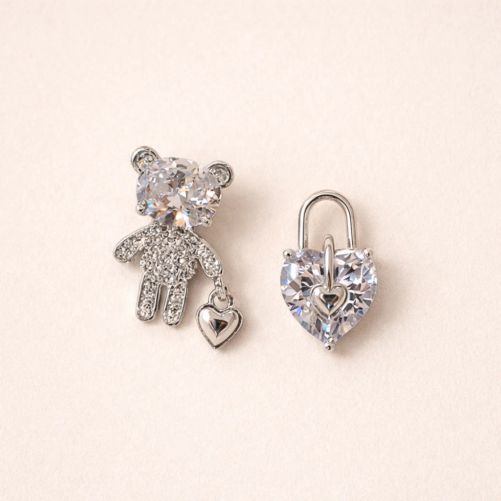 Silver Bear and Heart Lock Earrings - Image 2
