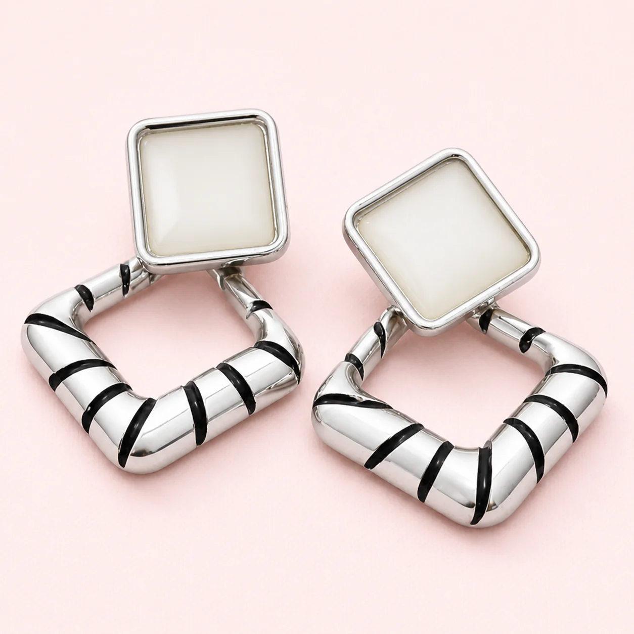 Silver Geo Square Drop Earrings