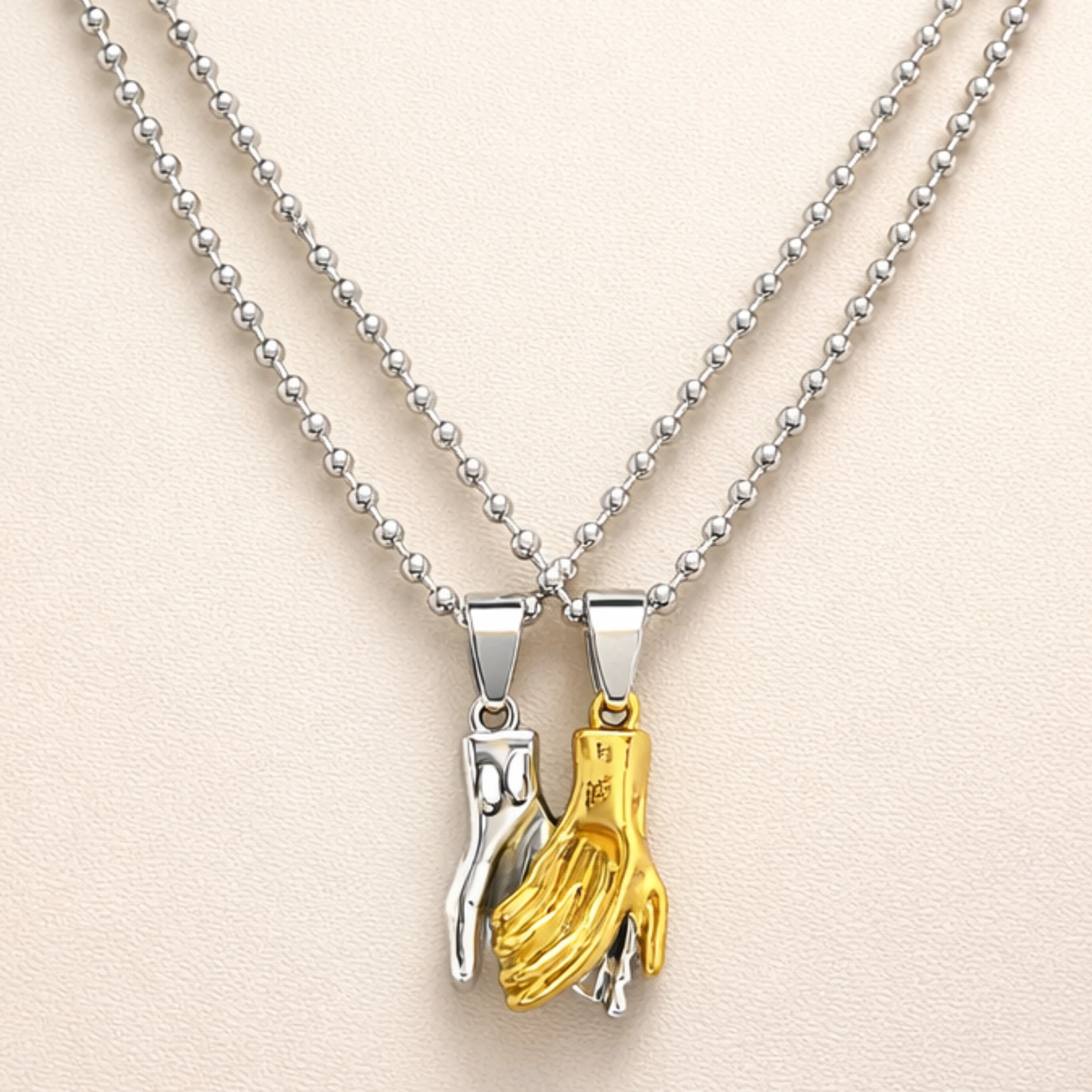 Silver Gold Holding Hands Couple Necklace - Image 2
