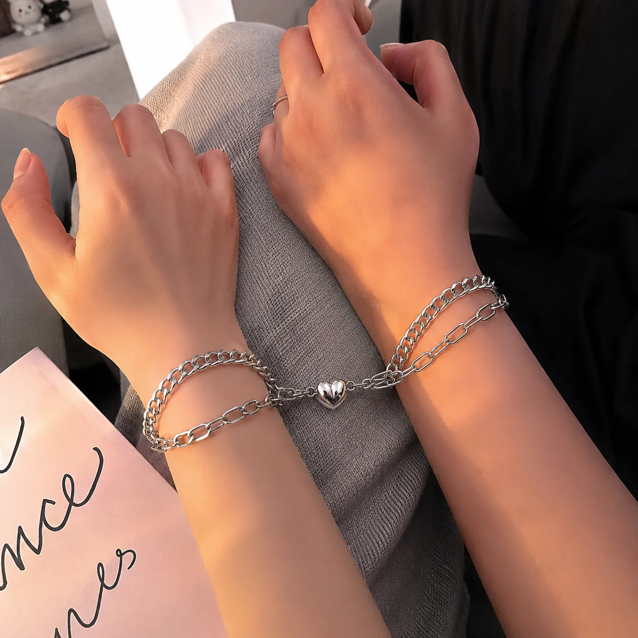 Silver Heart Connector Layered Chain Bracelet - Image 2