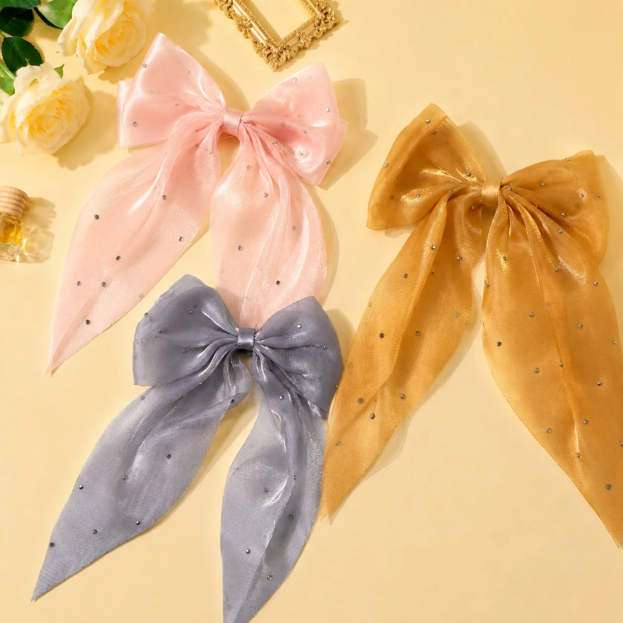 Silver Mist Crystal Organza Bow Set of 3