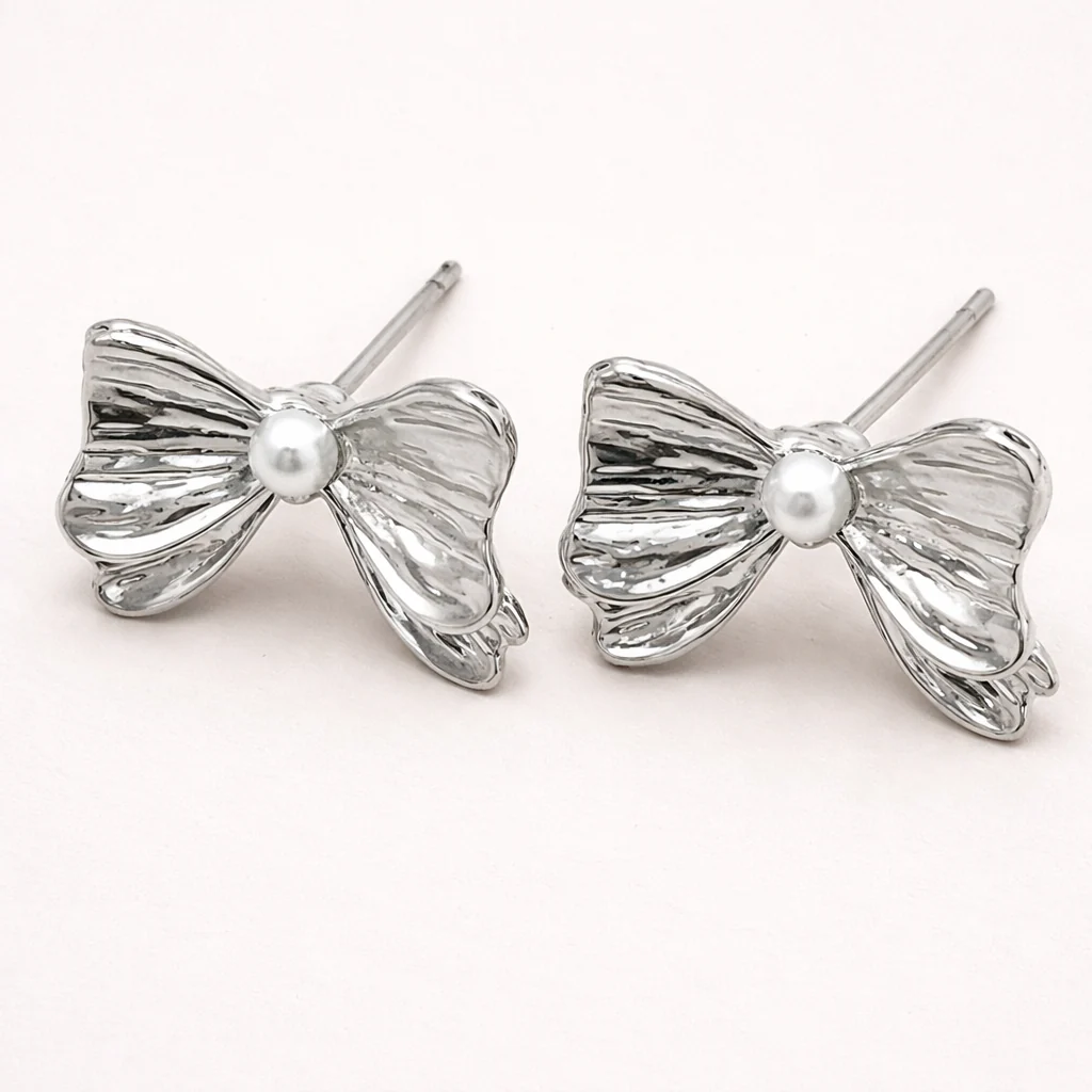 Silver Petal Pearl Bow Earrings - Image 2