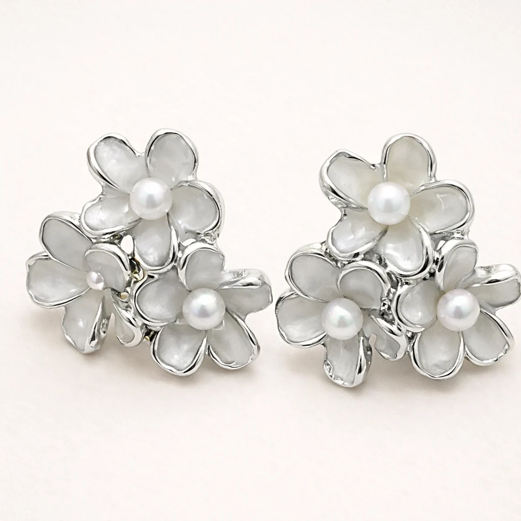 Silver Petal Pearl Earrings