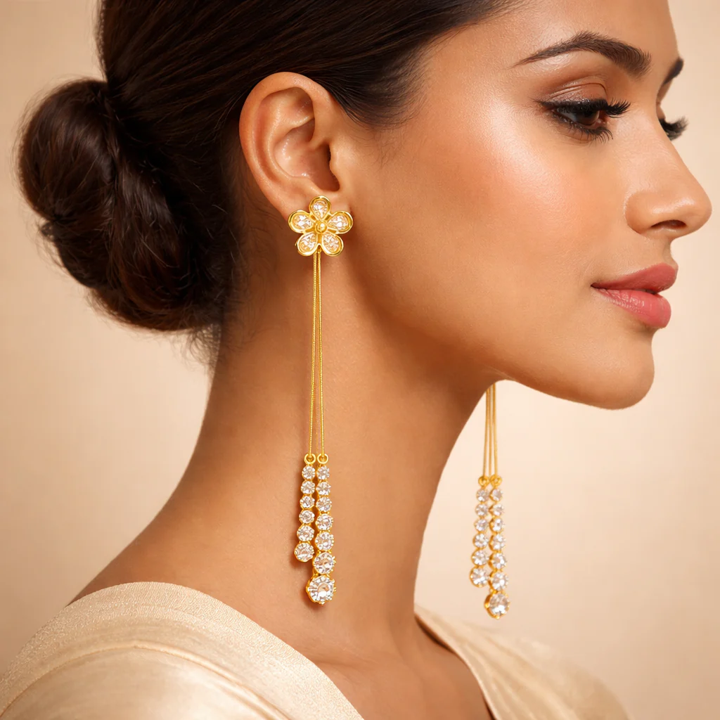 Gold Flower Crystal Chain Drop Earrings - Image 2