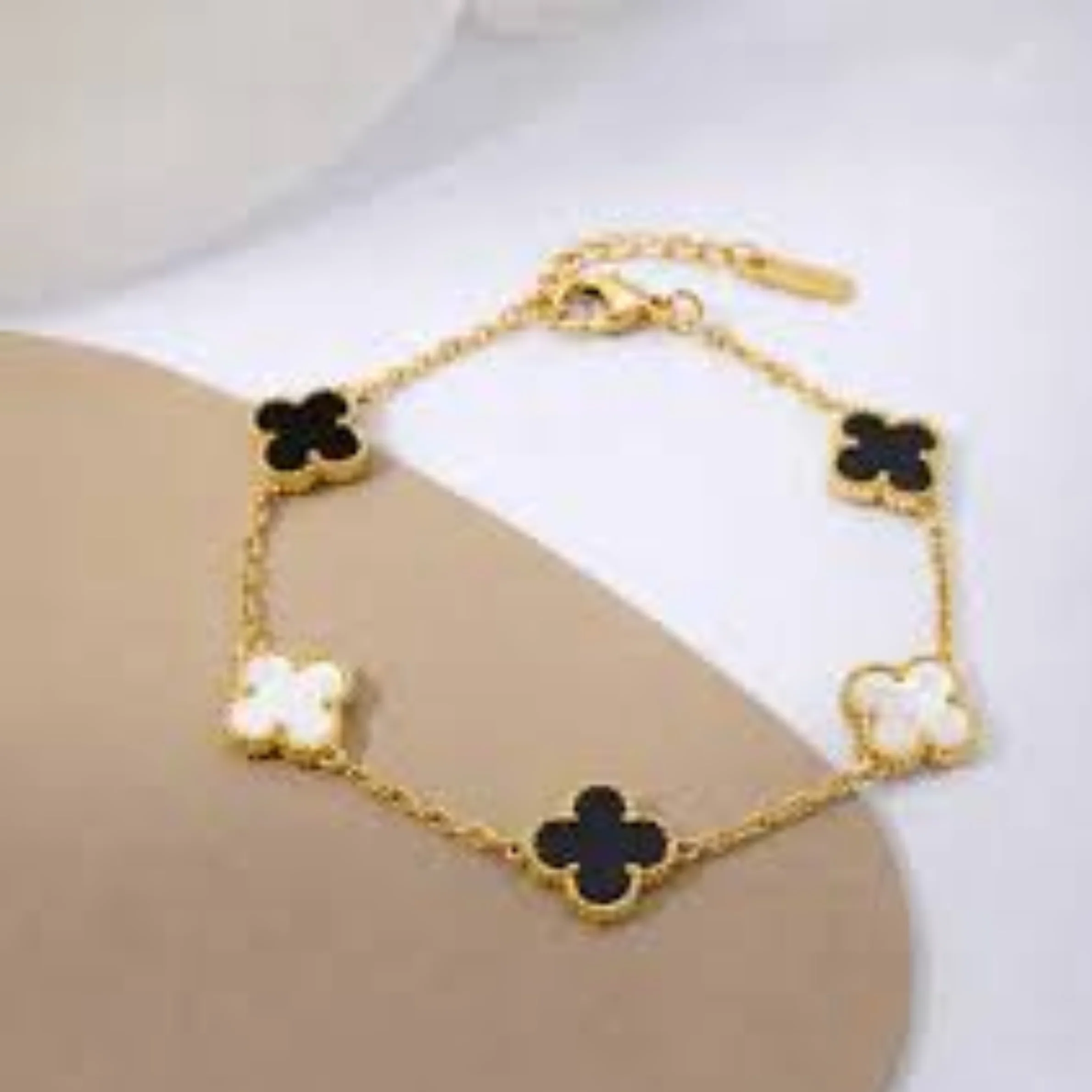 18K Gold Plated Black & White Clover Charm Bracelet - Image 2