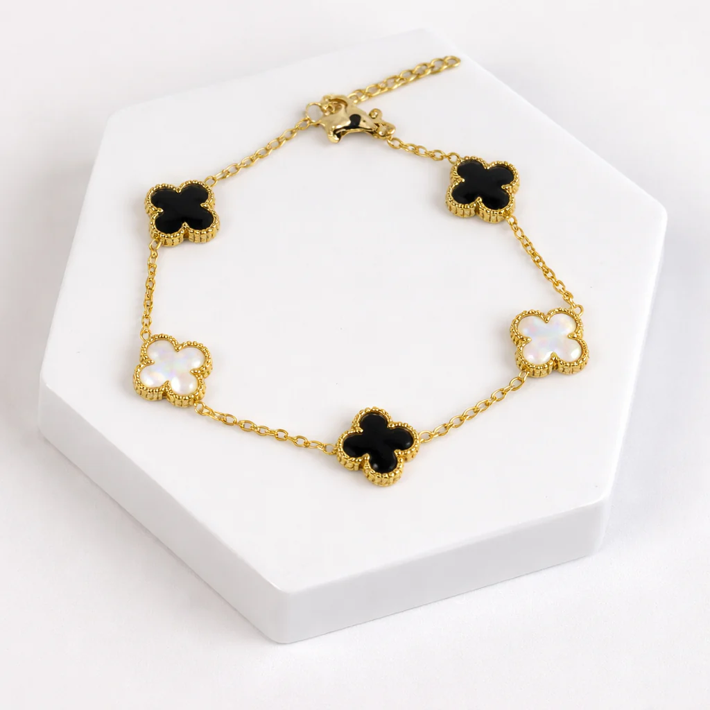 18K Gold Plated Black & White Clover Charm Bracelet - Image 3