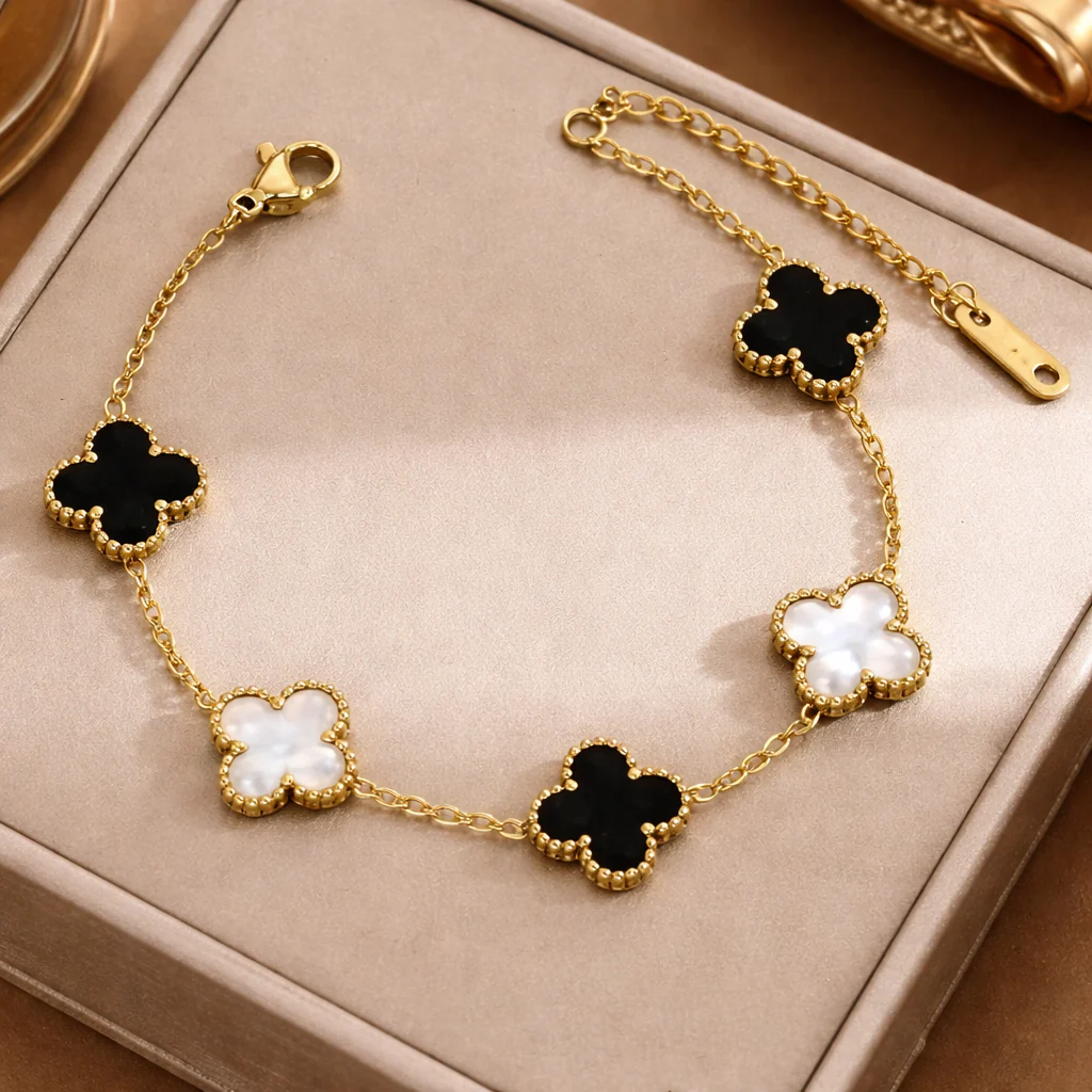 18K Gold Plated Black & White Clover Charm Bracelet - Image 4