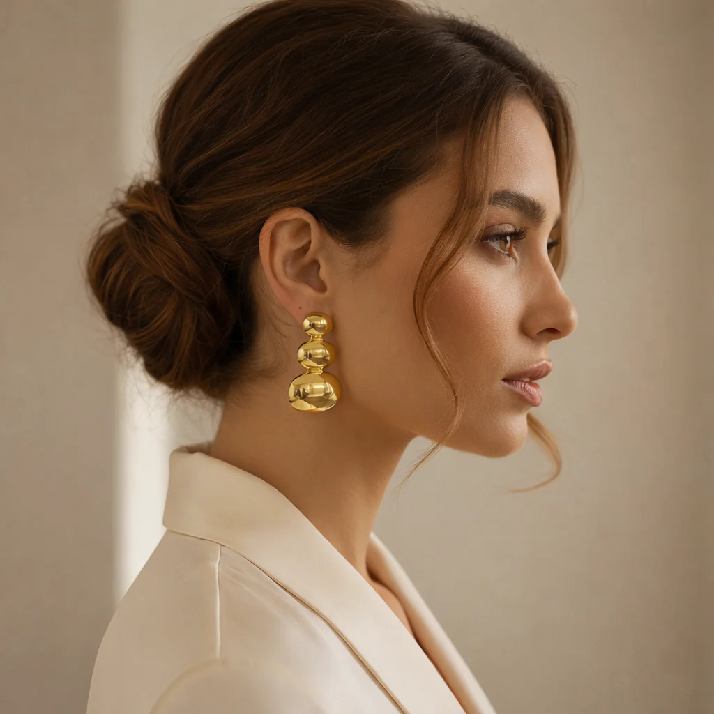 18k Gold Plated Trio Dome Royal Earrings - Image 2