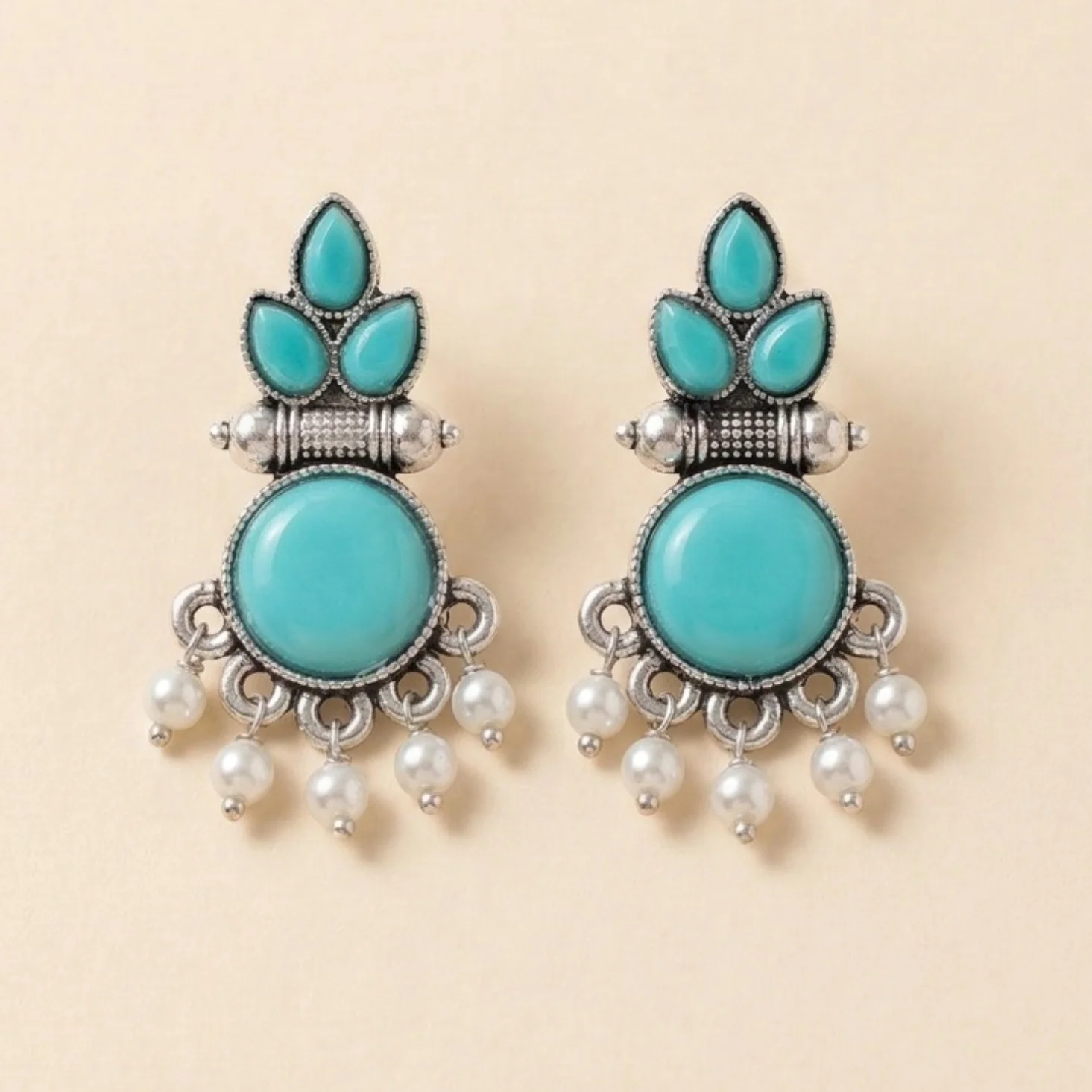 Turquoise Pearl Royale Oxidised Earrings - Image 3