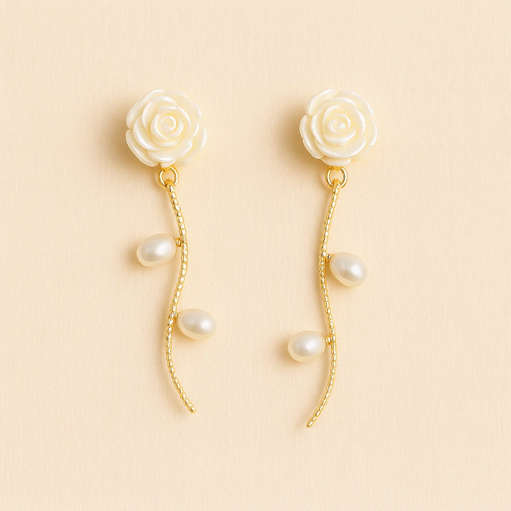 White Rosette Pearls Drops Earring