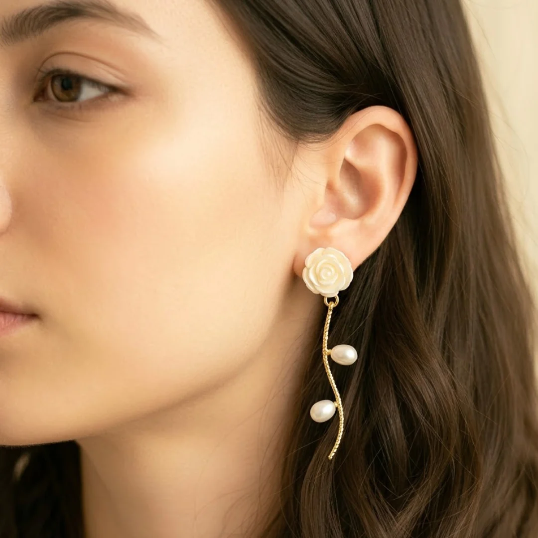 White Rosette Pearls Drops Earring - Image 2