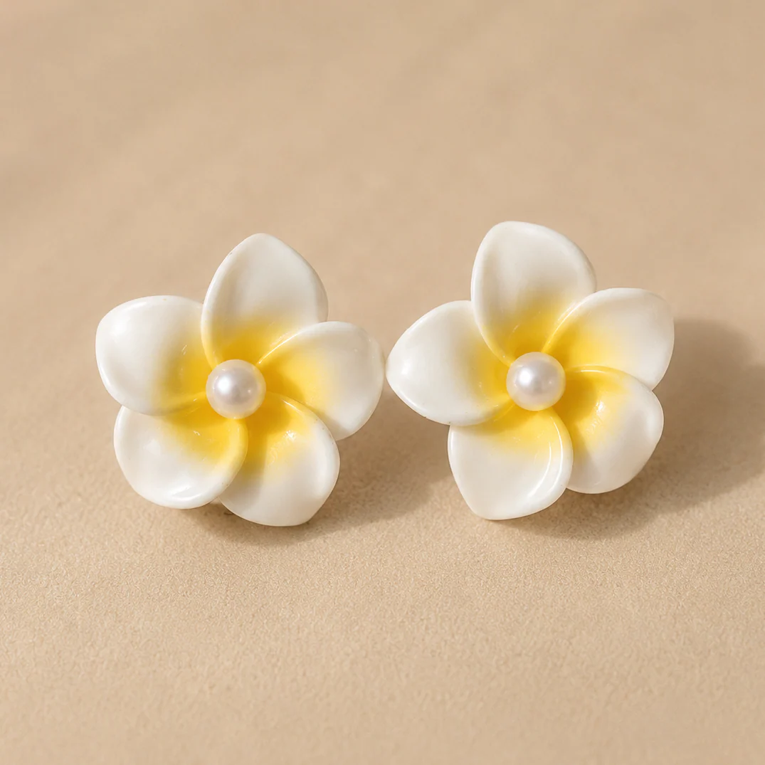 White & Yellow Plumeria Pearl Floral Earring