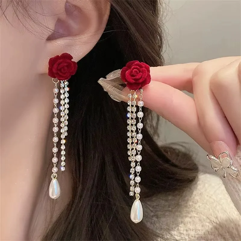 Wine Red Flocking Bow Pearl Tassel Earrings - Image 2